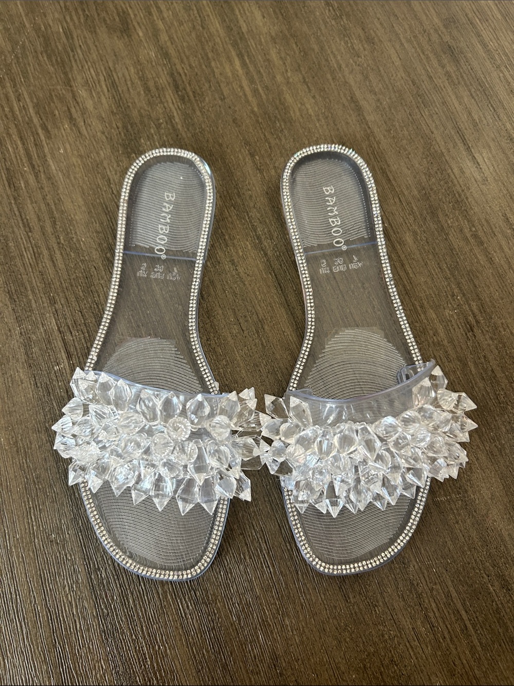 BAMBOO Clear Slide Sandals with Crystal Cluster Accent, New no Box, no Tag.